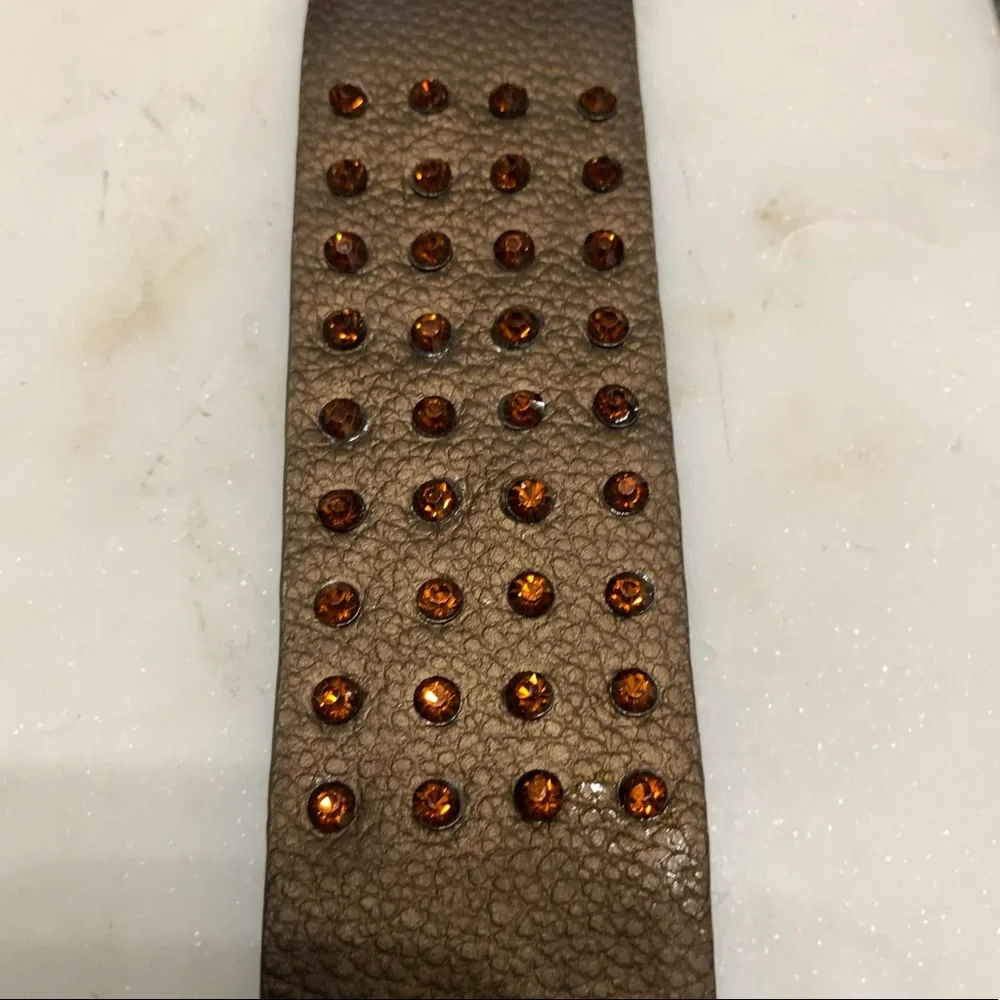 Brown leather cuff bracelet with brown rhinestones